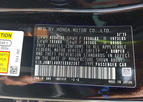 2025 Honda Civic Hybrid Sport Touring z USA, uszkodzony, nr VIN JHMFL4H92SX002367